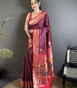 wine lichi silk blend floral motifs zari weaving paithani saree