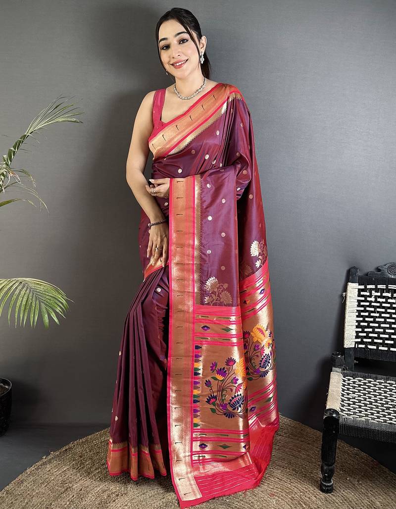 wine lichi silk blend floral motifs zari weaving paithani saree