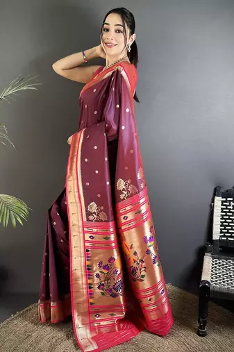 wine lichi silk blend floral motifs zari weaving paithani saree
