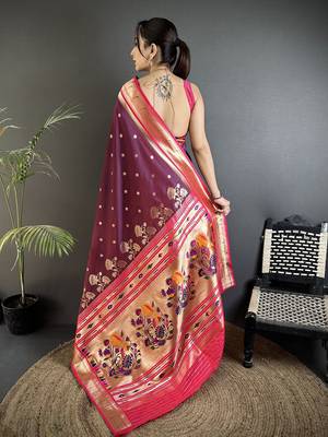 wine lichi silk blend floral motifs zari weaving paithani saree 3