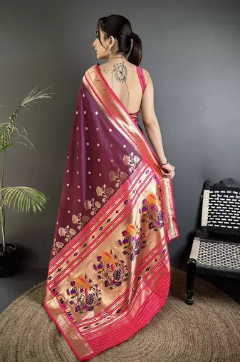 wine lichi silk blend floral motifs zari weaving paithani saree