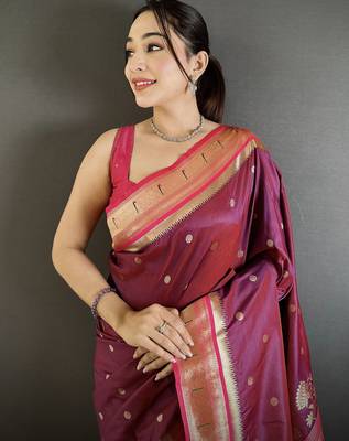 wine lichi silk blend floral motifs zari weaving paithani saree 4
