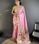 light pink lichi silk blend parrot & floral woven design zari weaving paithani saree