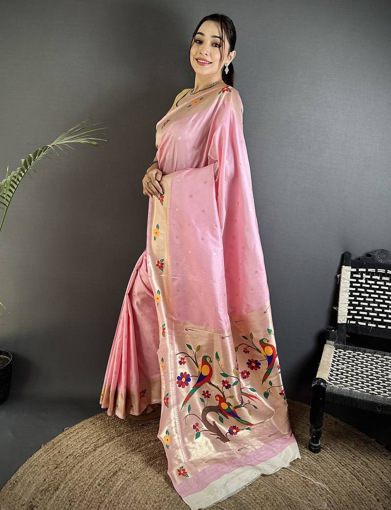 light pink lichi silk blend parrot & floral woven design zari weaving paithani saree