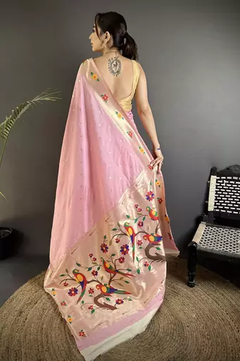 light pink lichi silk blend parrot & floral woven design zari weaving paithani saree