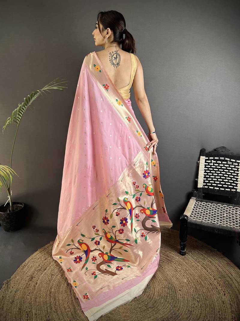 light pink lichi silk blend parrot & floral woven design zari weaving paithani saree
