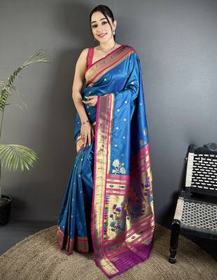 rama blue lichi silk blend floral motifs zari weaving paithani saree 1