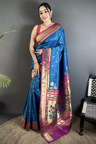 rama blue lichi silk blend floral motifs zari weaving paithani saree