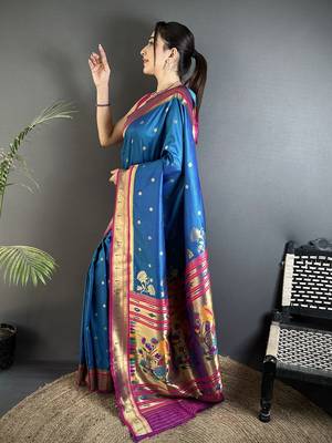 rama blue lichi silk blend floral motifs zari weaving paithani saree 2