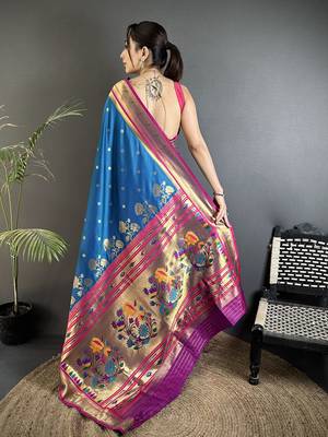 rama blue lichi silk blend floral motifs zari weaving paithani saree 3