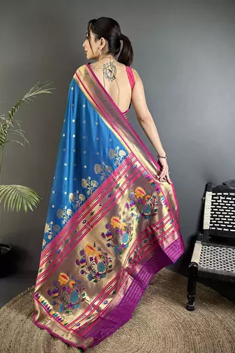 rama blue lichi silk blend floral motifs zari weaving paithani saree