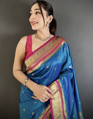 rama blue lichi silk blend floral motifs zari weaving paithani saree 4