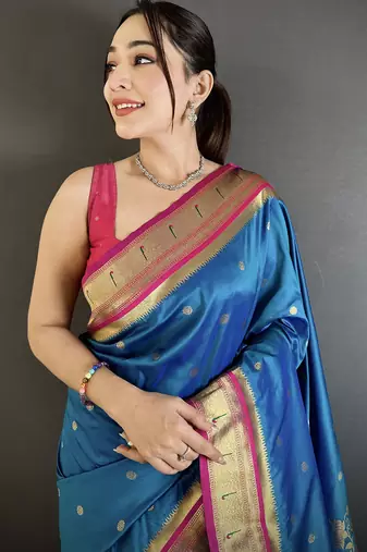 rama blue lichi silk blend floral motifs zari weaving paithani saree