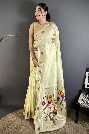 cream lichi silk blend parrot & floral woven design zari weaving paithani saree