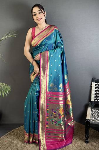 teal blue lichi silk blend floral motifs zari weaving paithani saree
