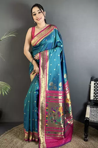 teal blue lichi silk blend floral motifs zari weaving paithani saree