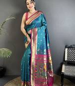 teal blue lichi silk blend floral motifs zari weaving paithani saree