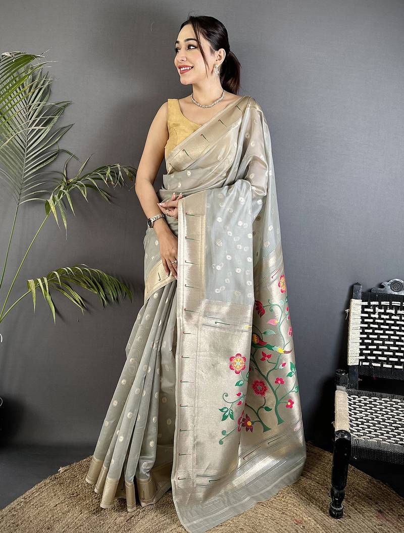 Grey tissue parrot & floral woven design paithani saree