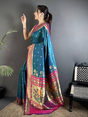 teal blue lichi silk blend floral motifs zari weaving paithani saree 2