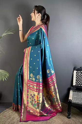 teal blue lichi silk blend floral motifs zari weaving paithani saree