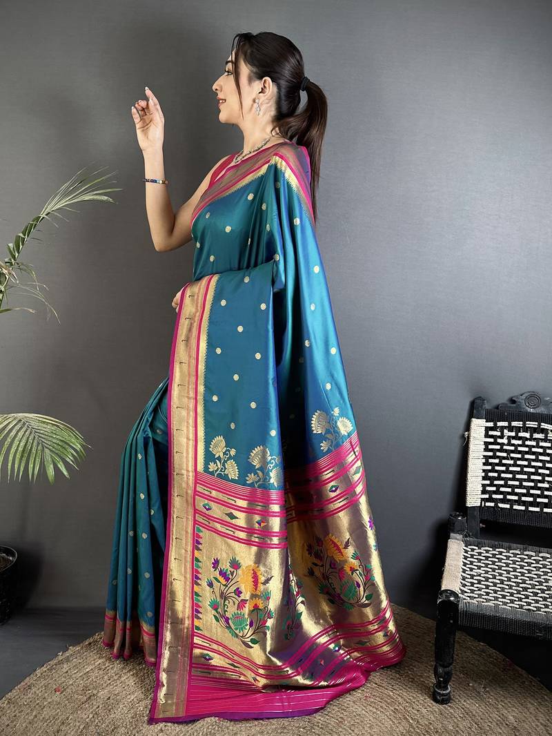 teal blue lichi silk blend floral motifs zari weaving paithani saree