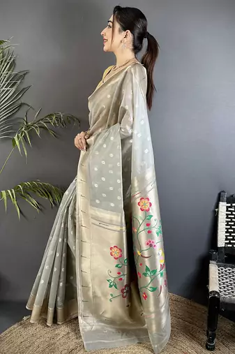 Grey tissue parrot & floral woven design paithani saree