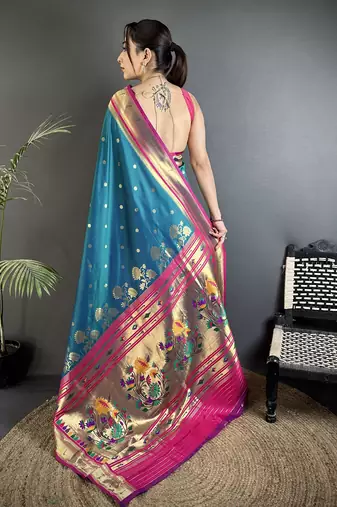 teal blue lichi silk blend floral motifs zari weaving paithani saree