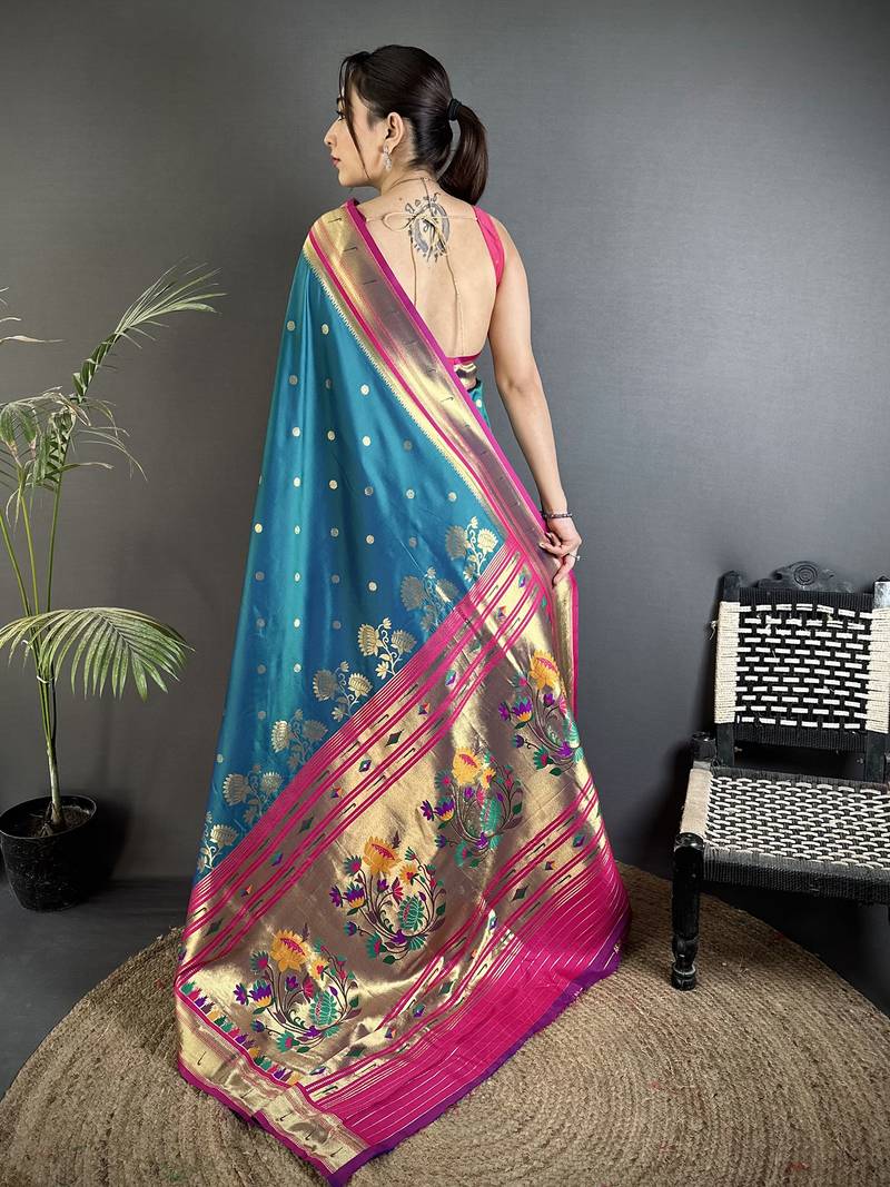 teal blue lichi silk blend floral motifs zari weaving paithani saree