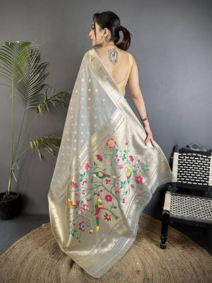 Grey tissue parrot & floral woven design paithani saree 3
