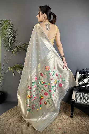 Grey tissue parrot & floral woven design paithani saree
