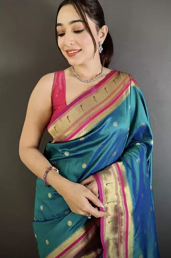 teal blue lichi silk blend floral motifs zari weaving paithani saree