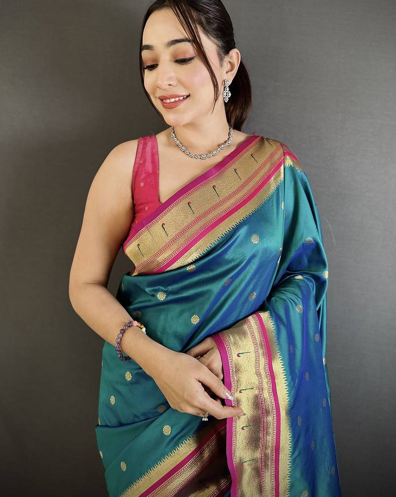 teal blue lichi silk blend floral motifs zari weaving paithani saree