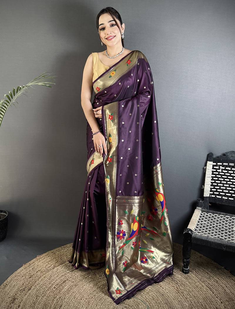 wine lichi silk blend parrot & floral woven design zari weaving paithani saree