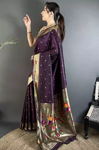 wine lichi silk blend parrot & floral woven design zari weaving paithani saree