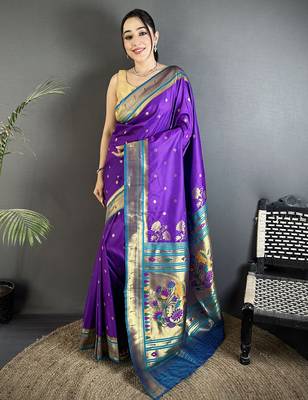 purple lichi silk blend floral motifs zari weaving paithani saree 1