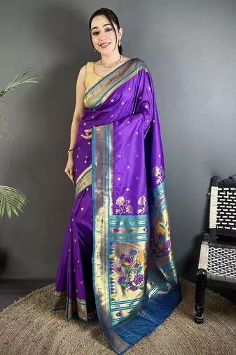 purple lichi silk blend floral motifs zari weaving paithani saree