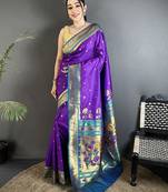 purple lichi silk blend floral motifs zari weaving paithani saree