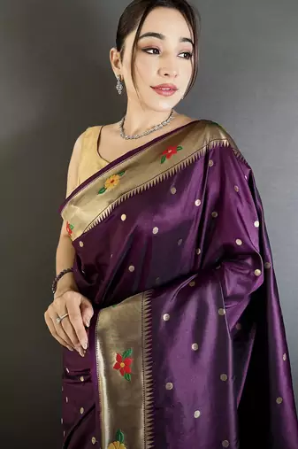 wine lichi silk blend parrot & floral woven design zari weaving paithani saree