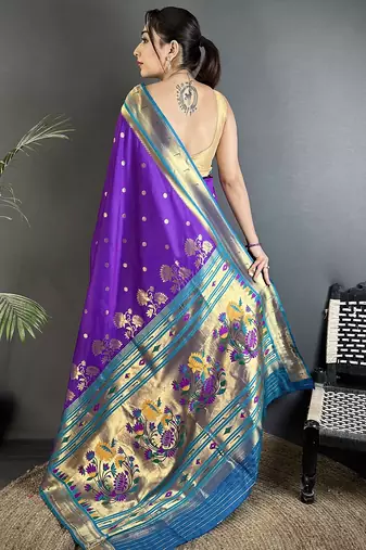 purple lichi silk blend floral motifs zari weaving paithani saree