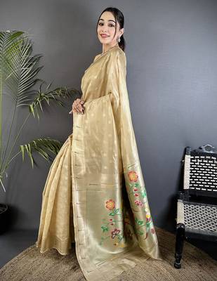 Beige tissue parrot & floral woven design paithani saree 2