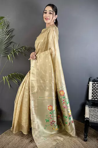 Beige tissue parrot & floral woven design paithani saree