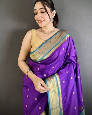 purple lichi silk blend floral motifs zari weaving paithani saree 4