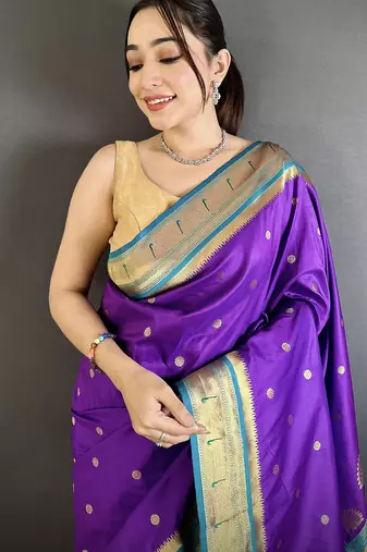 purple lichi silk blend floral motifs zari weaving paithani saree