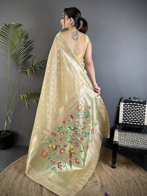Beige tissue parrot & floral woven design paithani saree 3