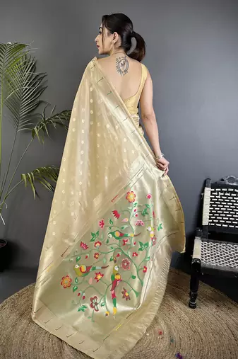 Beige tissue parrot & floral woven design paithani saree