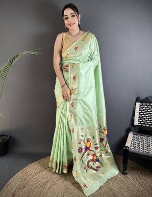 mint green lichi silk blend parrot & floral woven design zari weaving paithani saree 1
