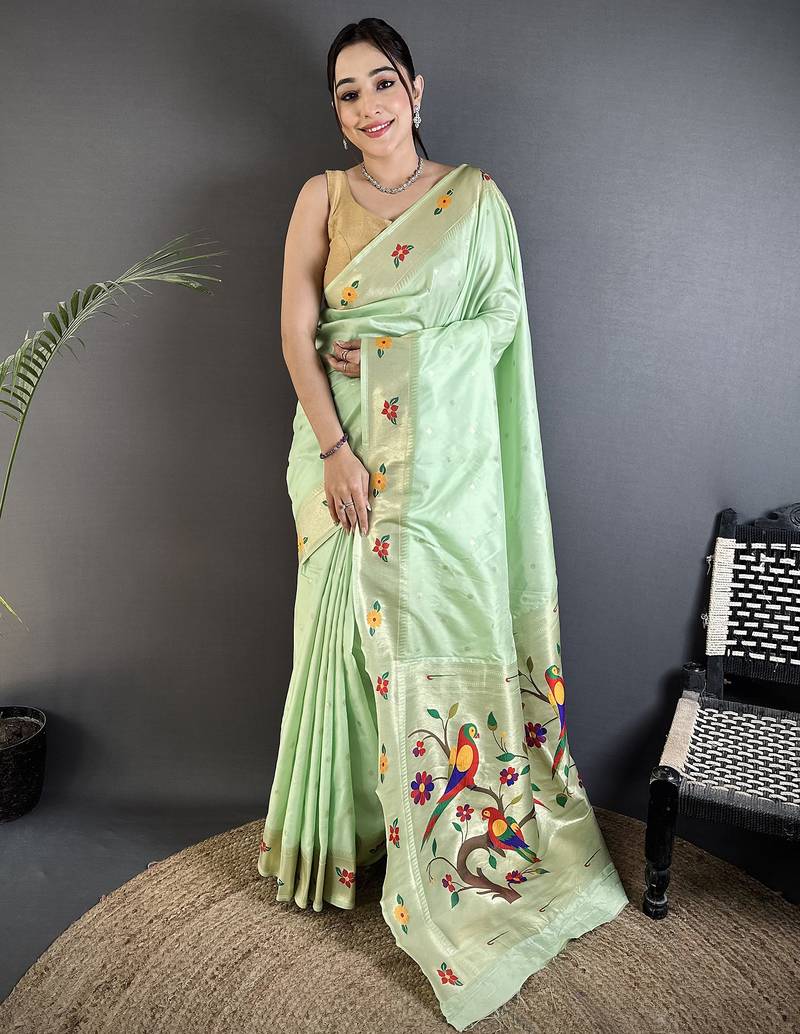 mint green lichi silk blend parrot & floral woven design zari weaving paithani saree
