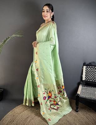 mint green lichi silk blend parrot & floral woven design zari weaving paithani saree 2