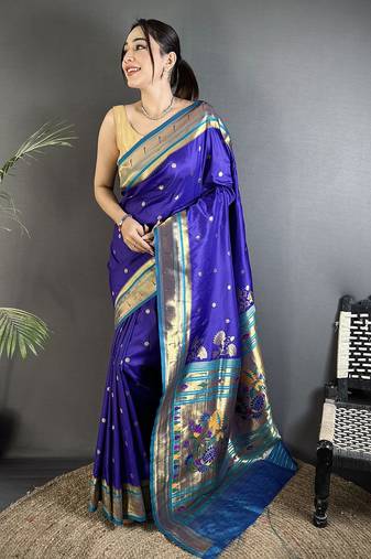royal blue lichi silk blend floral motifs zari weaving paithani saree