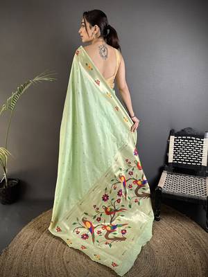 mint green lichi silk blend parrot & floral woven design zari weaving paithani saree 3